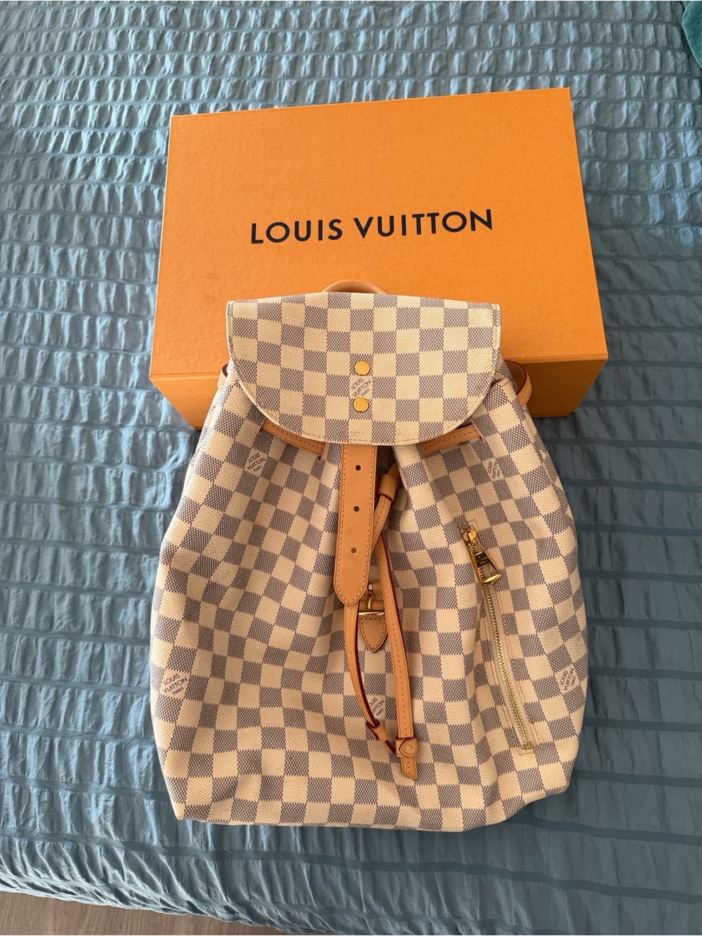 Louis Vuitton Damier Azur Drawstring Backpack in Beige and White with Tan Trim
